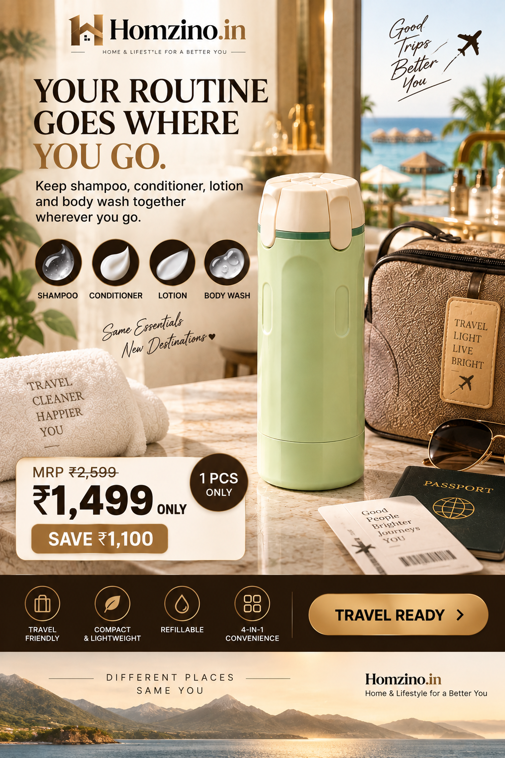 4-in-1 Travel Toiletry Bottle – Leakproof Refillable Shampoo, Lotion & Dispenser