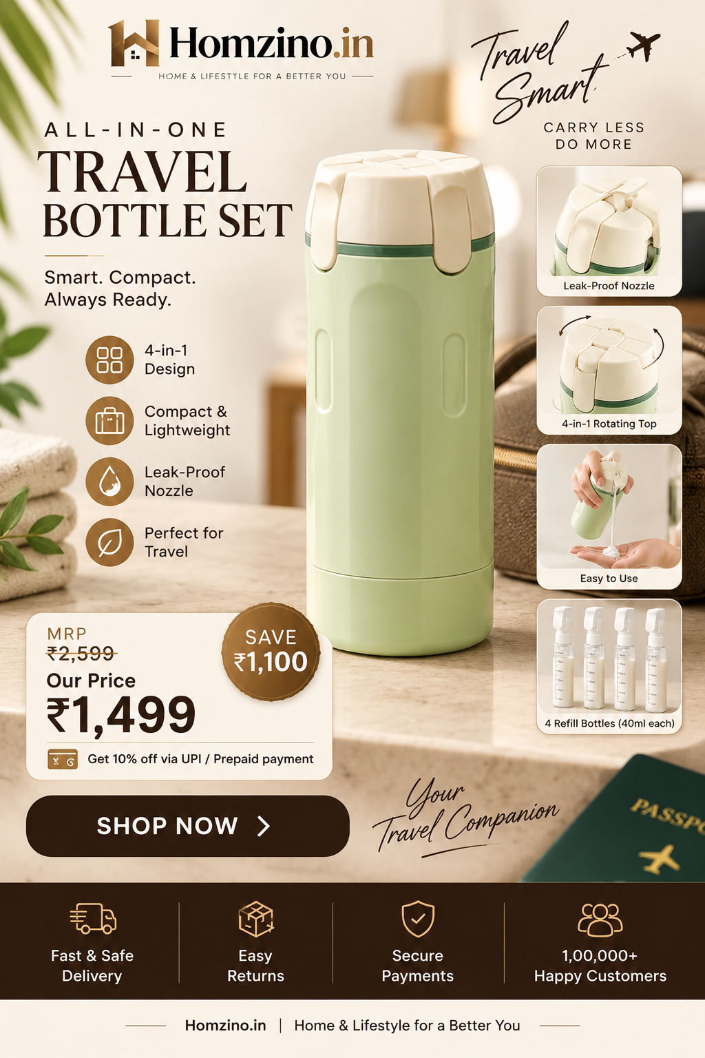 4-in-1 Travel Toiletry Bottle – Leakproof Refillable Shampoo, Lotion & Dispenser