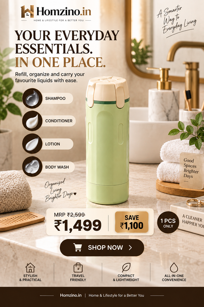 4-in-1 Travel Toiletry Bottle – Leakproof Refillable Shampoo, Lotion & Dispenser
