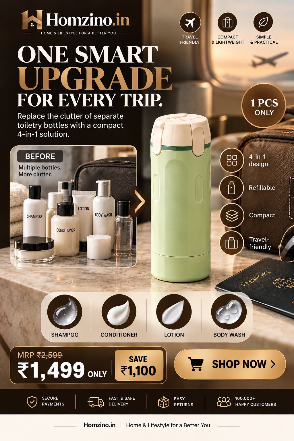 4-in-1 Travel Toiletry Bottle – Leakproof Refillable Shampoo, Lotion & Dispenser