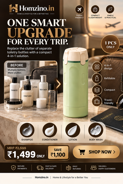 4-in-1 Travel Toiletry Bottle – Leakproof Refillable Shampoo, Lotion & Dispenser