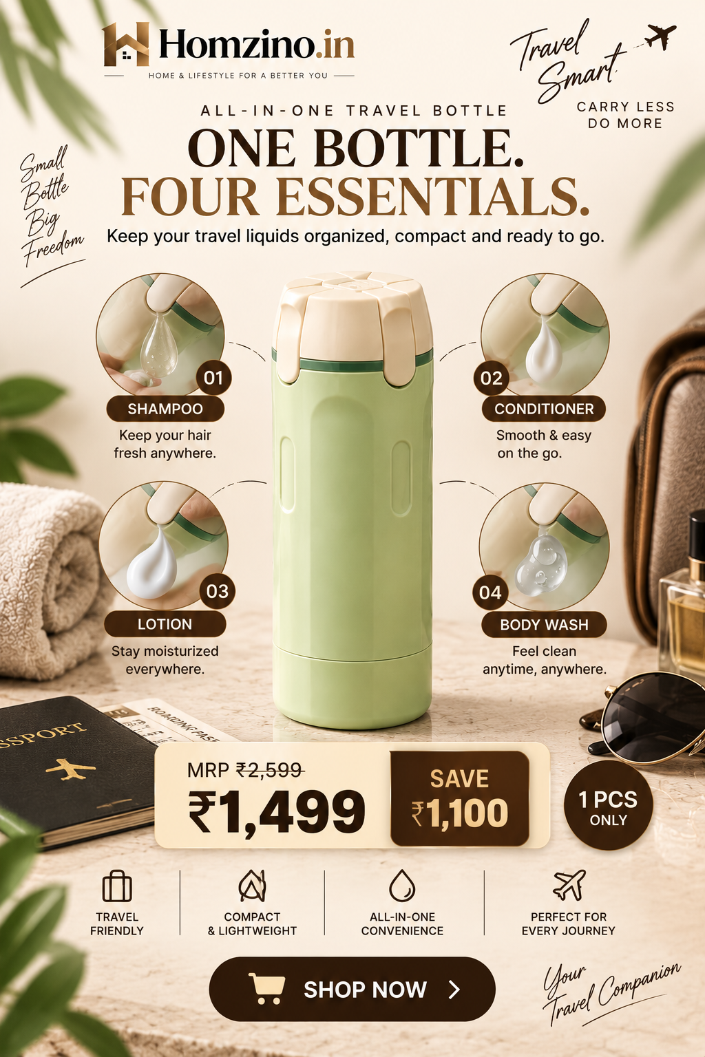 4-in-1 Travel Toiletry Bottle – Leakproof Refillable Shampoo, Lotion & Dispenser