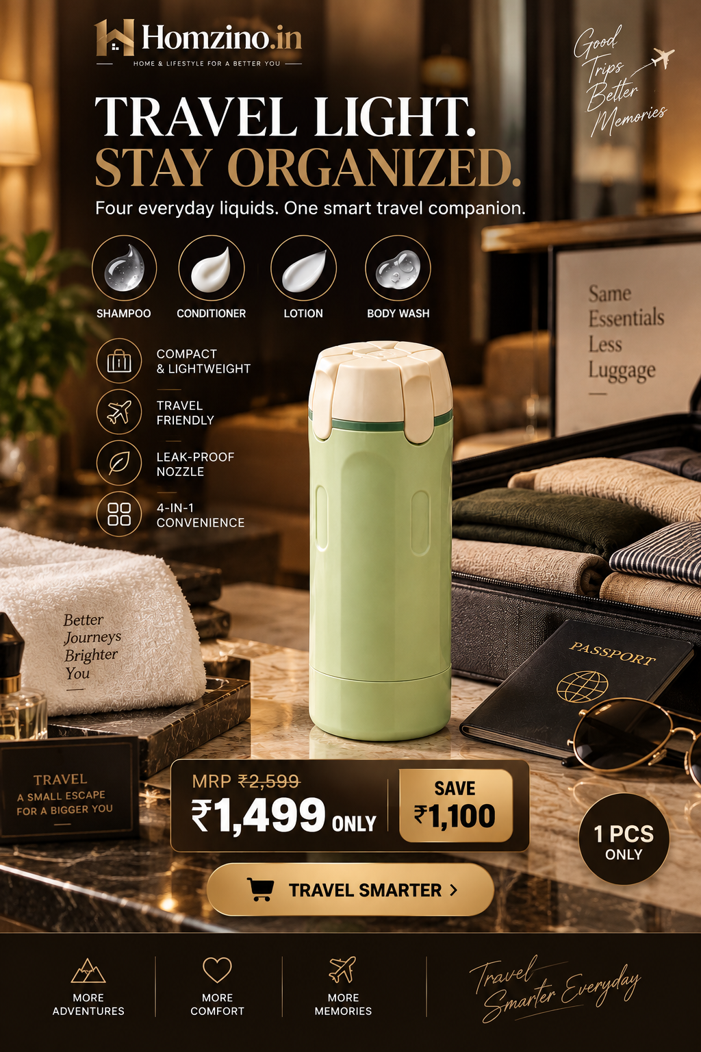 4-in-1 Travel Toiletry Bottle – Leakproof Refillable Shampoo, Lotion & Dispenser