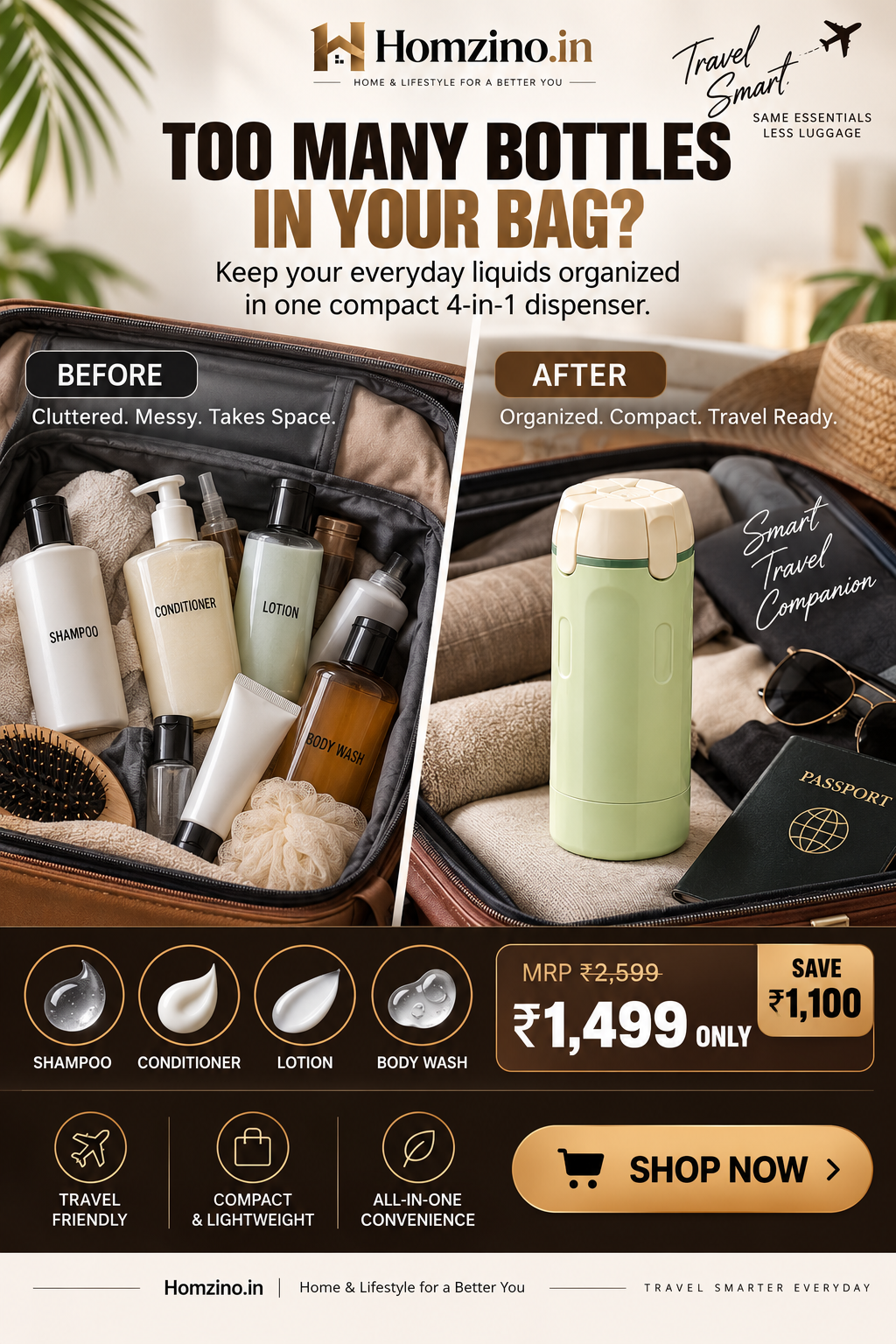 4-in-1 Travel Toiletry Bottle – Leakproof Refillable Shampoo, Lotion & Dispenser