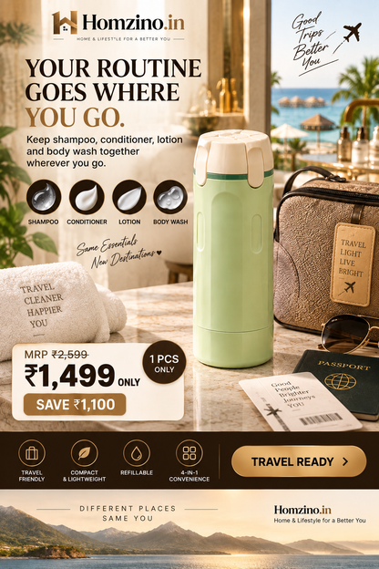 4-in-1 Travel Toiletry Bottle – Leakproof Refillable Shampoo, Lotion & Dispenser